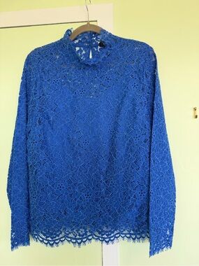 J. Crew Cobalt Blue Floral Lace Blouse Mock Neck 8
